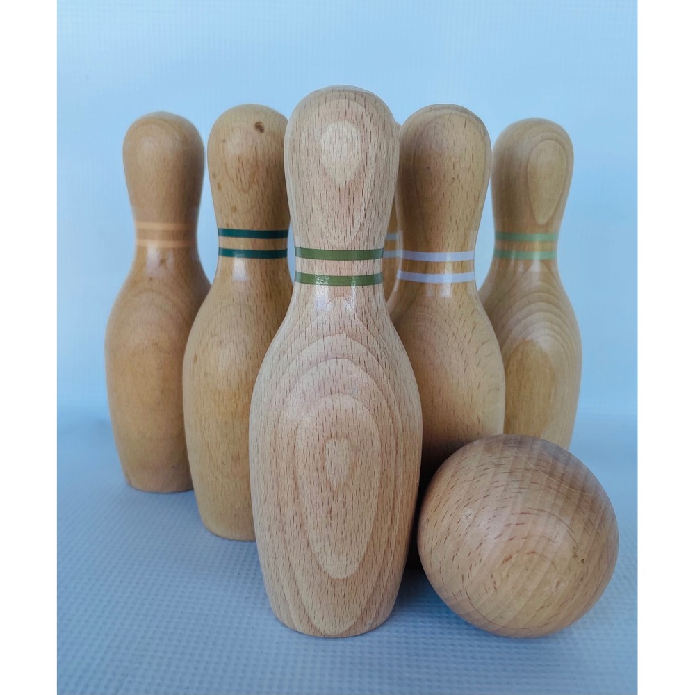 VTG Hearth & Hand Wooden Bowling Set Kids Tan Excellent Vintage Tabletop Toy 7pc - Picture 3 of 5